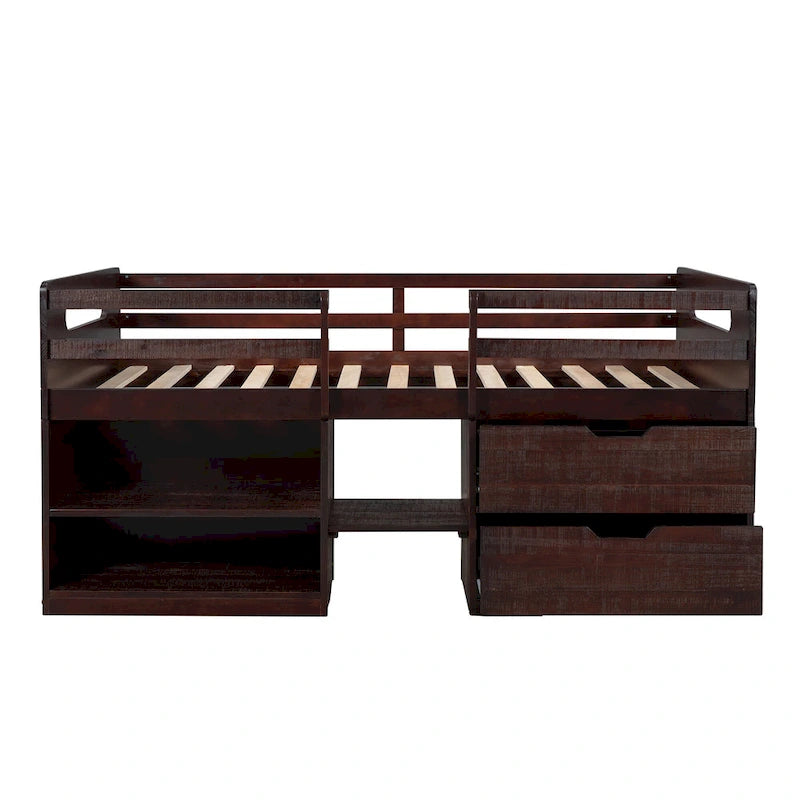 Twin Wood Loft Bed with Shelves and Drawers