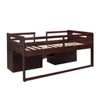 Letto a soppalco singolo in legno con mensole e cassetti