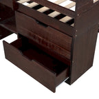 Letto a soppalco singolo in legno con mensole e cassetti
