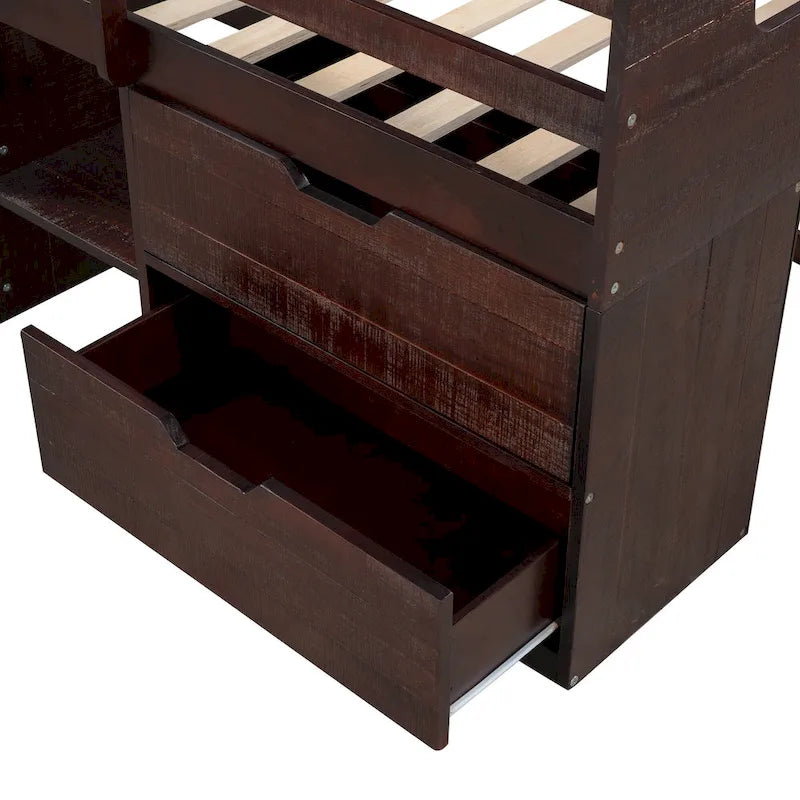 Twin Wood Loft Bed with Shelves and Drawers
