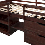 Letto a soppalco singolo in legno con mensole e cassetti
