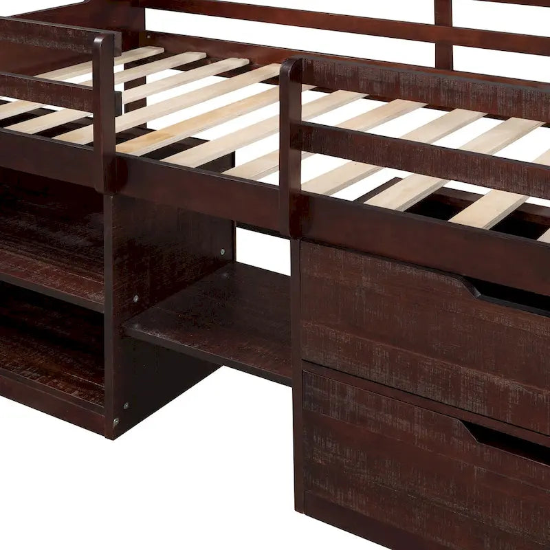 Twin Wood Loft Bed with Shelves and Drawers
