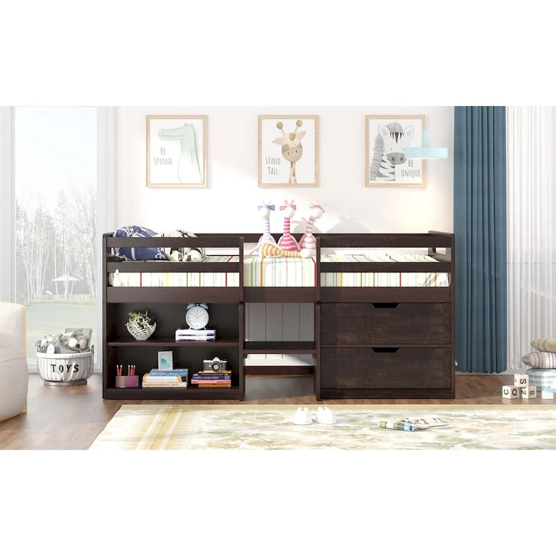 Twin Wood Loft Bed with Shelves and Drawers