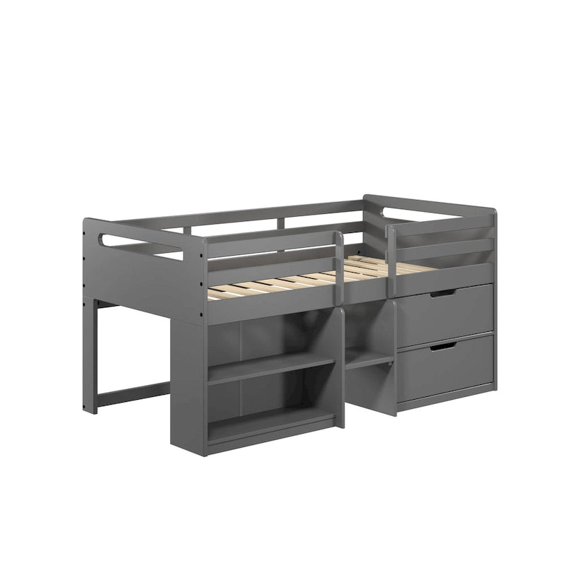 Twin Solid Wood Loft Bed with Storage & Fence