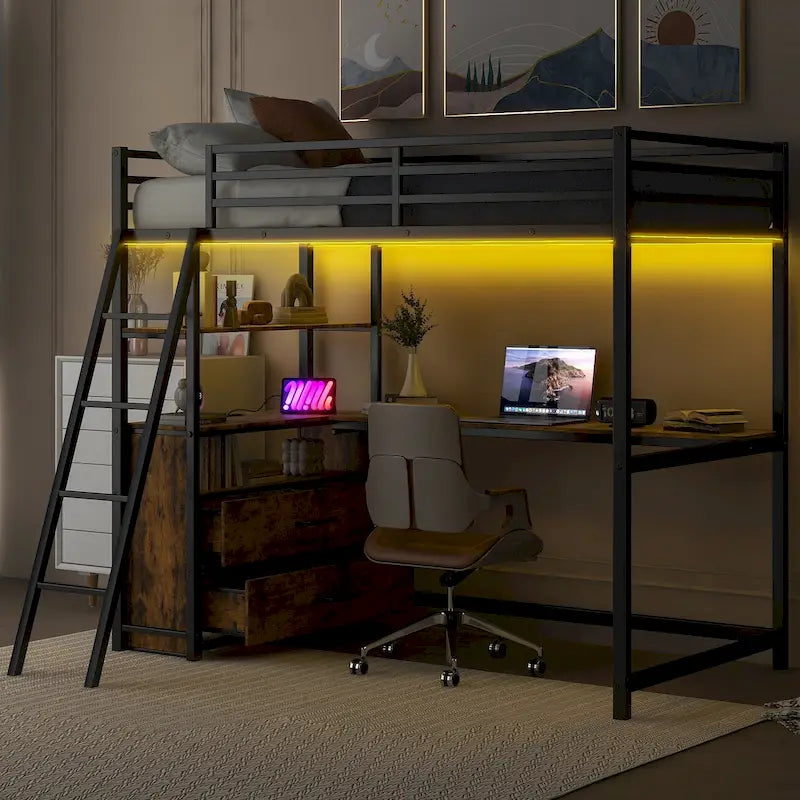 Twin Metal and Wood Loft Bed with Desk and Storage