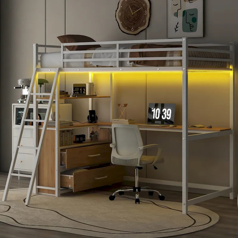 Twin Metal and Wood Loft Bed with Desk and Storage