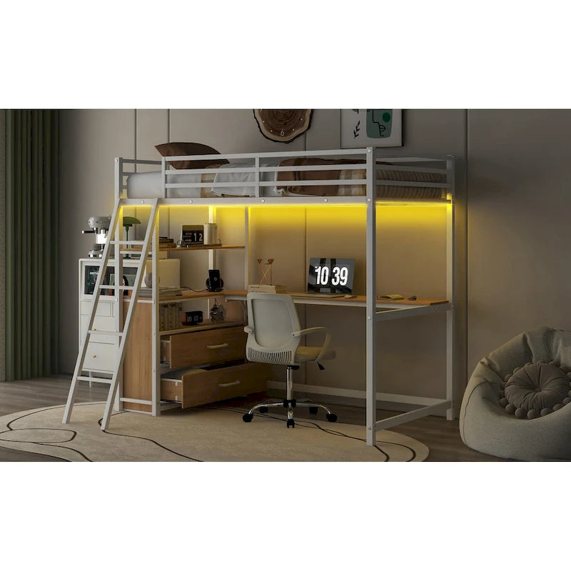 Twin Metal and Wood Loft Bed with Desk and Storage