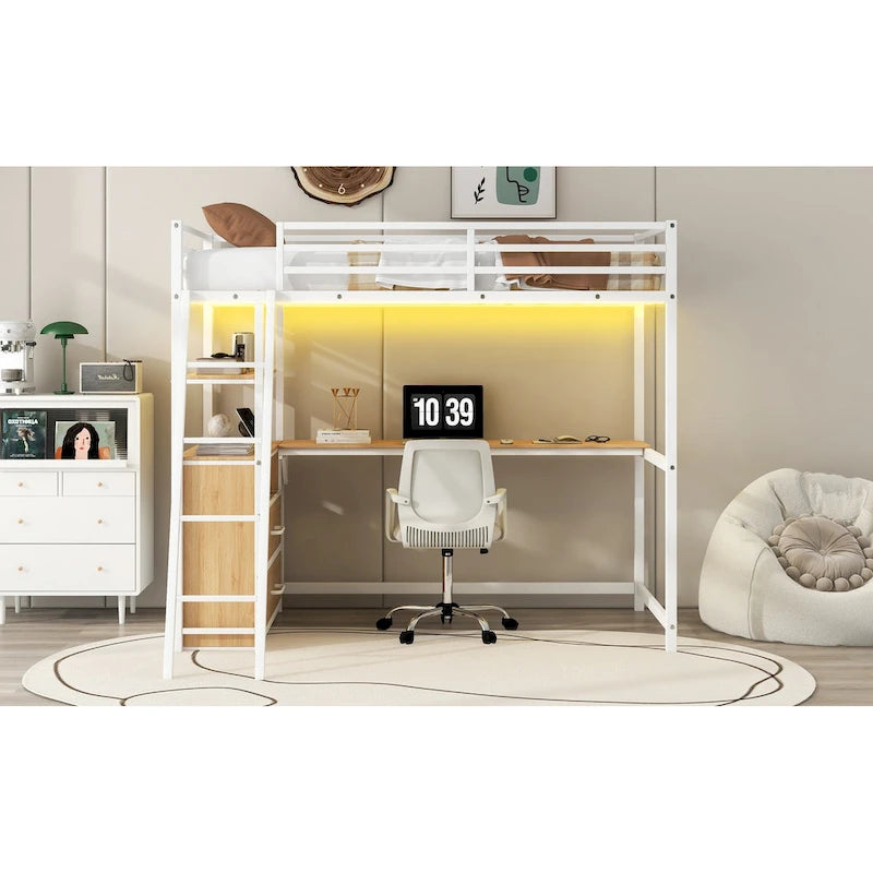 Twin Metal and Wood Loft Bed with Desk and Storage