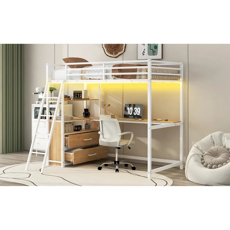 Twin Metal and Wood Loft Bed with Desk and Storage