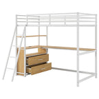 Cama alta Twin de metal y madera con escritorio y almacenamiento