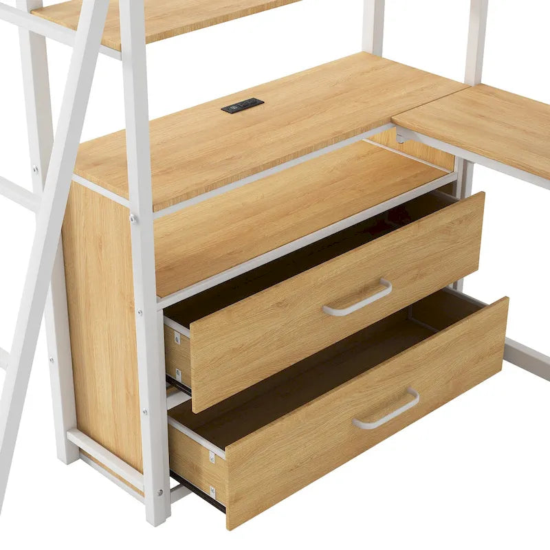 Twin Metal and Wood Loft Bed with Desk and Storage