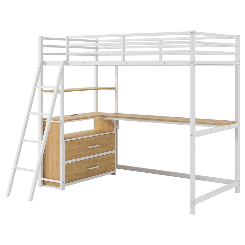 Twin Metal and Wood Loft Bed with Desk and Storage