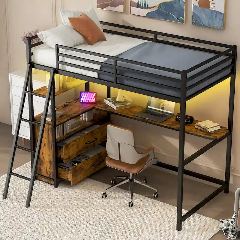 Twin Metal and Wood Loft Bed with Desk and Storage