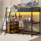 Cama alta Twin de metal y madera con escritorio y almacenamiento