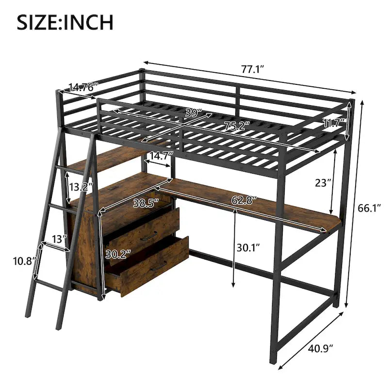 Twin Metal and Wood Loft Bed with Desk and Storage