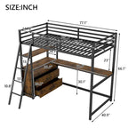 Cama alta Twin de metal y madera con escritorio y almacenamiento