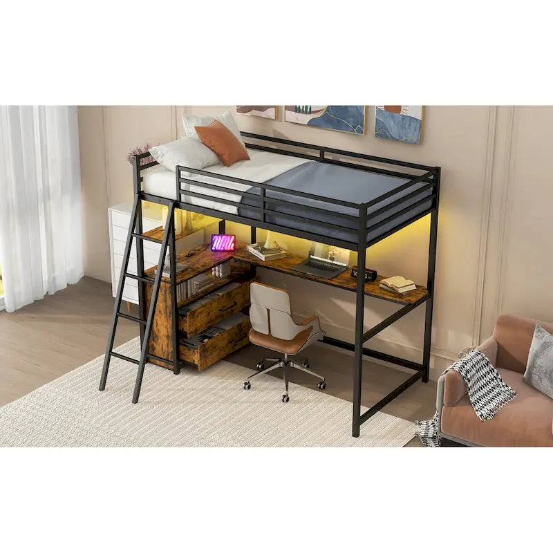 Twin Metal and Wood Loft Bed with Desk and Storage