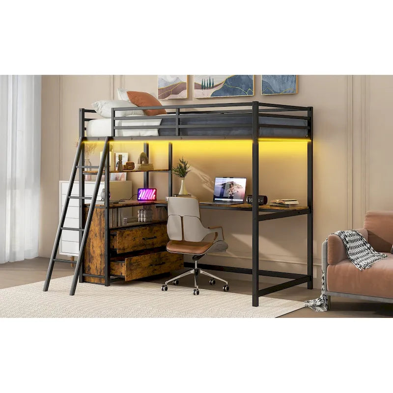 Twin Metal and Wood Loft Bed with Desk and Storage