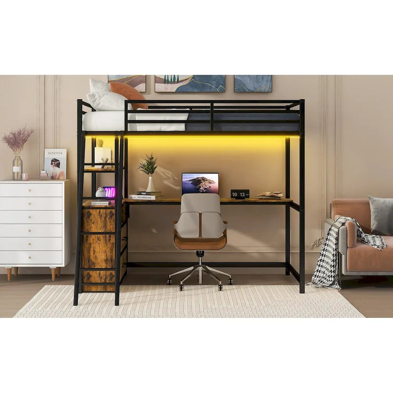 Twin Metal and Wood Loft Bed with Desk and Storage