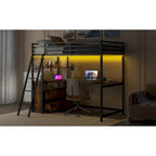 Cama alta Twin de metal y madera con escritorio y almacenamiento