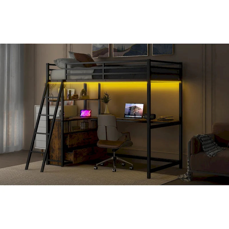 Twin Metal and Wood Loft Bed with Desk and Storage