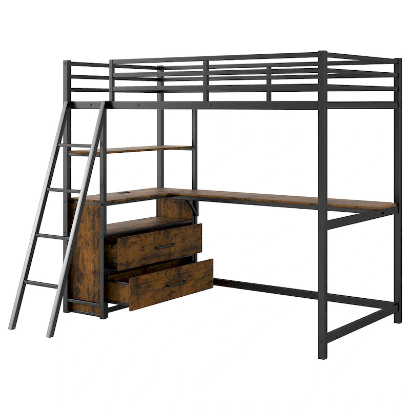 Twin Metal and Wood Loft Bed with Desk and Storage