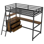 Cama alta Twin de metal y madera con escritorio y almacenamiento