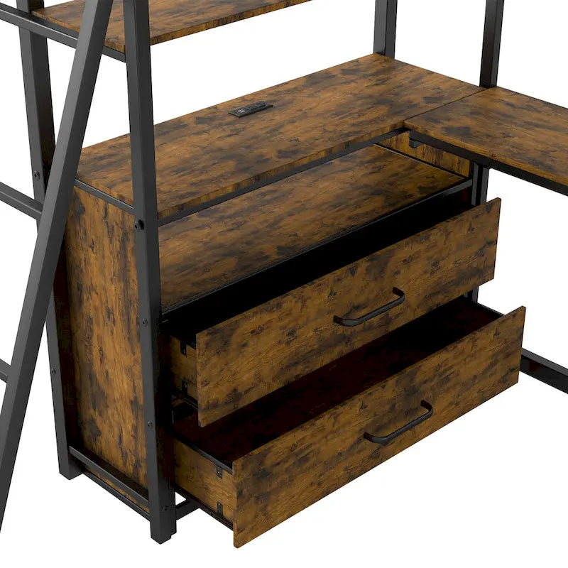 Twin Metal and Wood Loft Bed with Desk and Storage