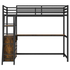 Cama alta Twin de metal y madera con escritorio y almacenamiento