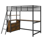 Cama alta Twin de metal y madera con escritorio y almacenamiento