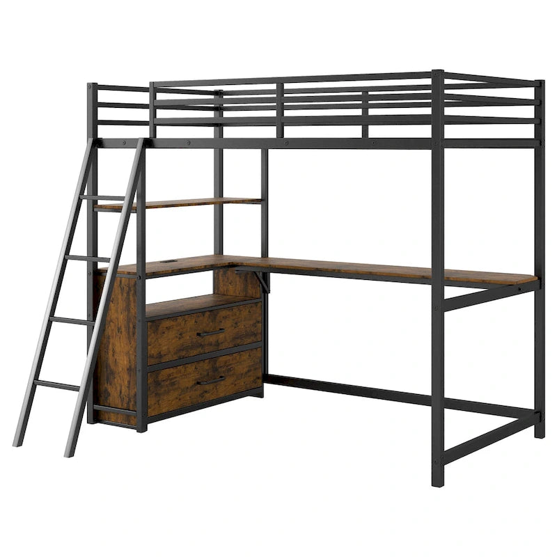 Twin Metal and Wood Loft Bed with Desk and Storage