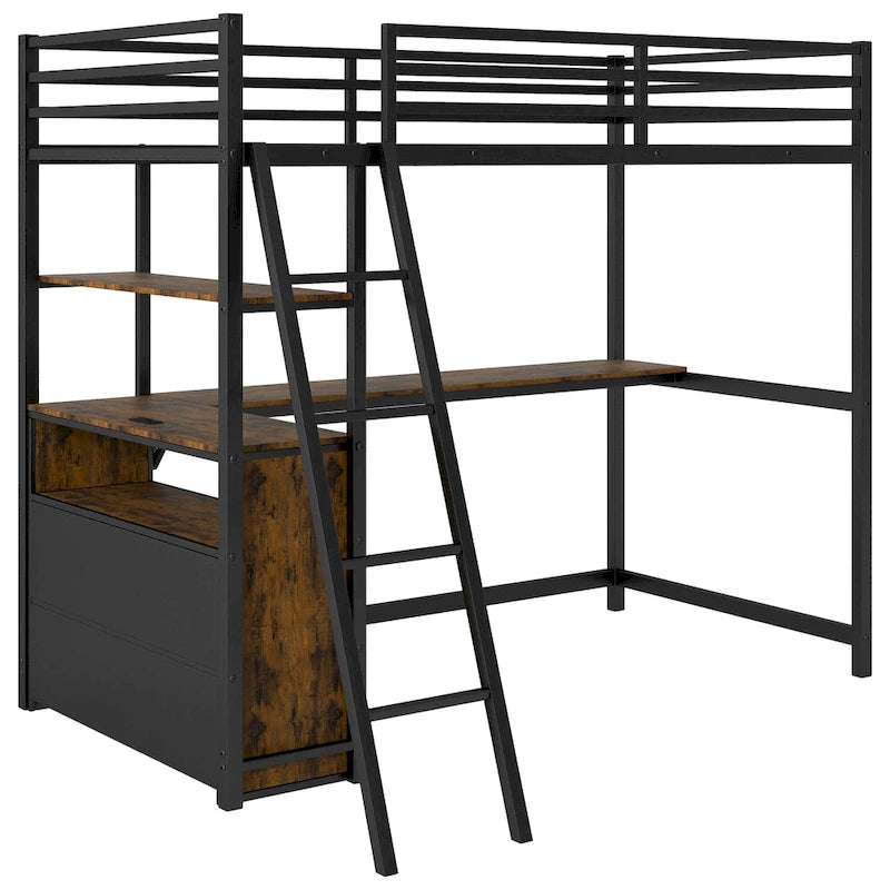 Twin Metal and Wood Loft Bed with Desk and Storage