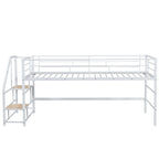Cama alta metálica blanca Twin con escaleras con almacenamiento