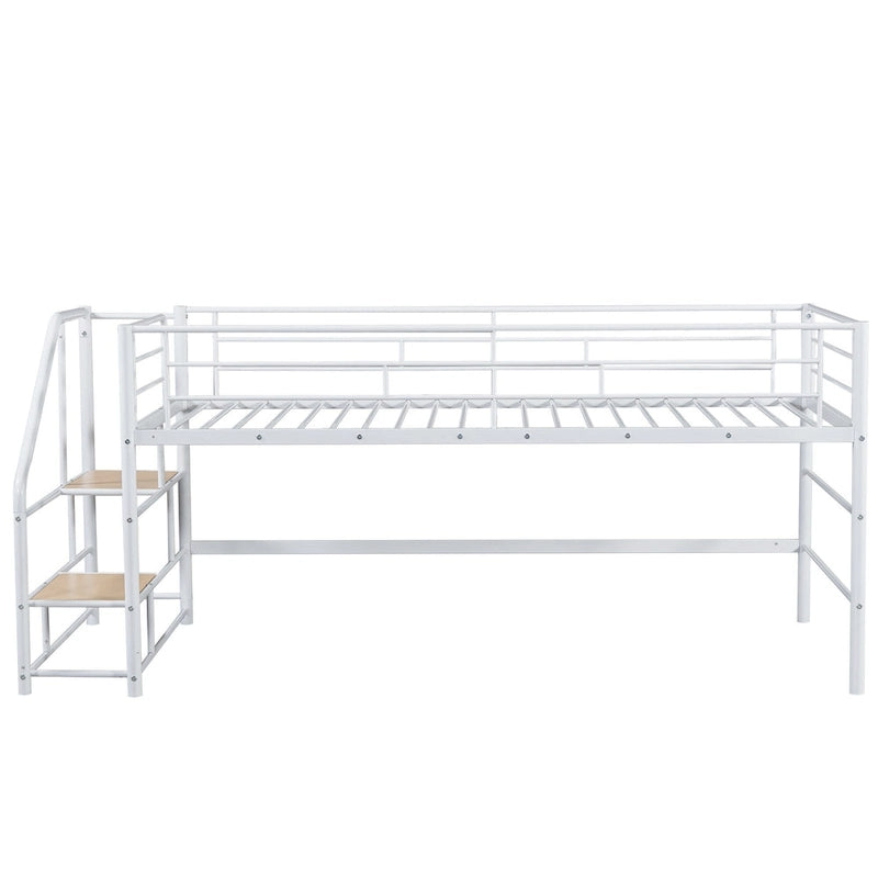 White Twin Metal Loft Bed with Storage Stairs