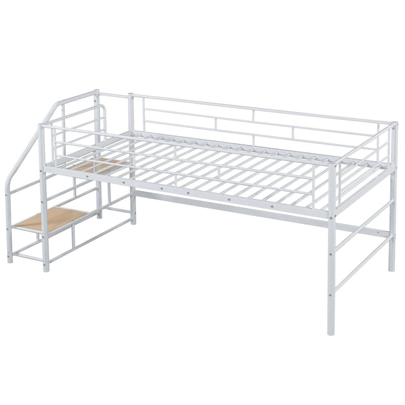 White Twin Metal Loft Bed with Storage Stairs