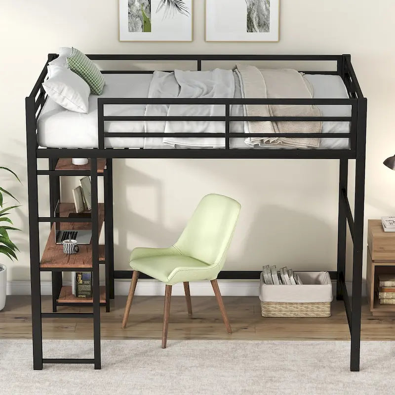 Full-Size Metal Loft Bed with Built-In Desk and Shelves