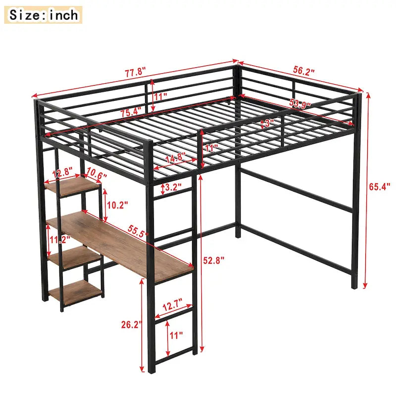 Full-Size Metal Loft Bed with Built-In Desk and Shelves