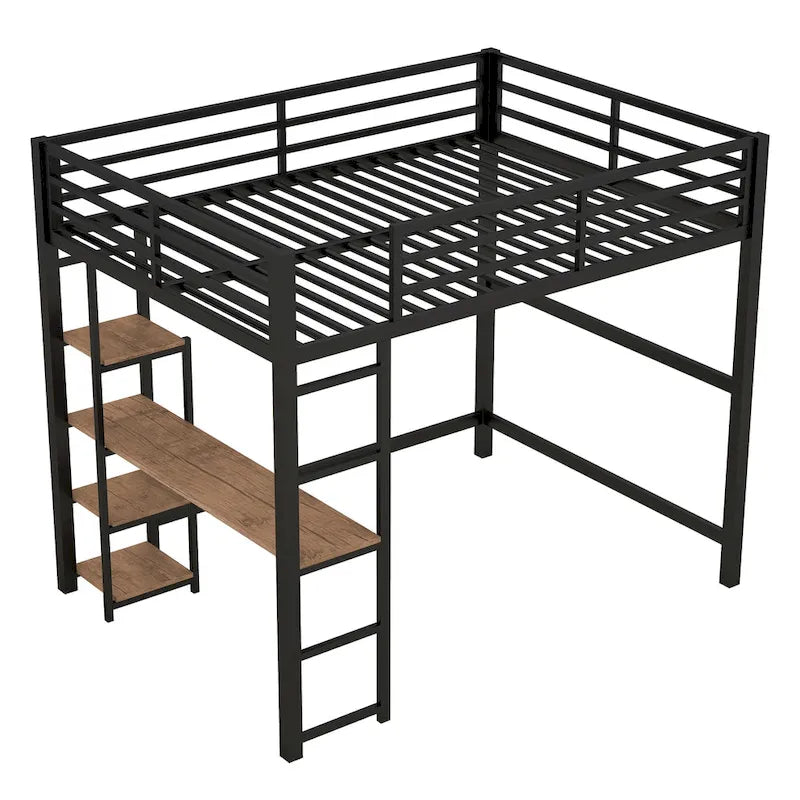 Full-Size Metal Loft Bed with Built-In Desk and Shelves