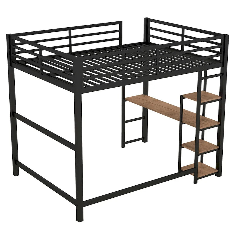 Full-Size Metal Loft Bed with Built-In Desk and Shelves