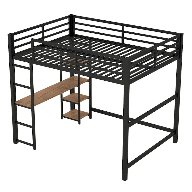 Full-Size Metal Loft Bed with Built-In Desk and Shelves