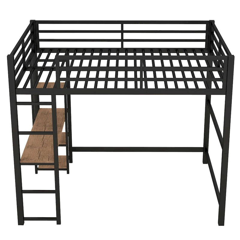Full-Size Metal Loft Bed with Built-In Desk and Shelves