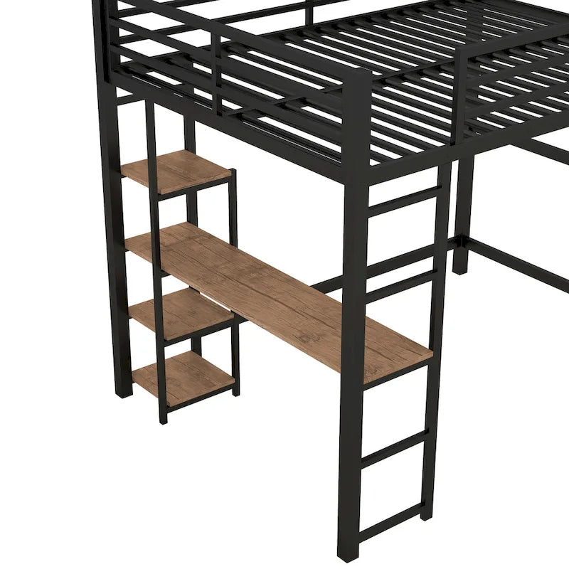 Full-Size Metal Loft Bed with Built-In Desk and Shelves