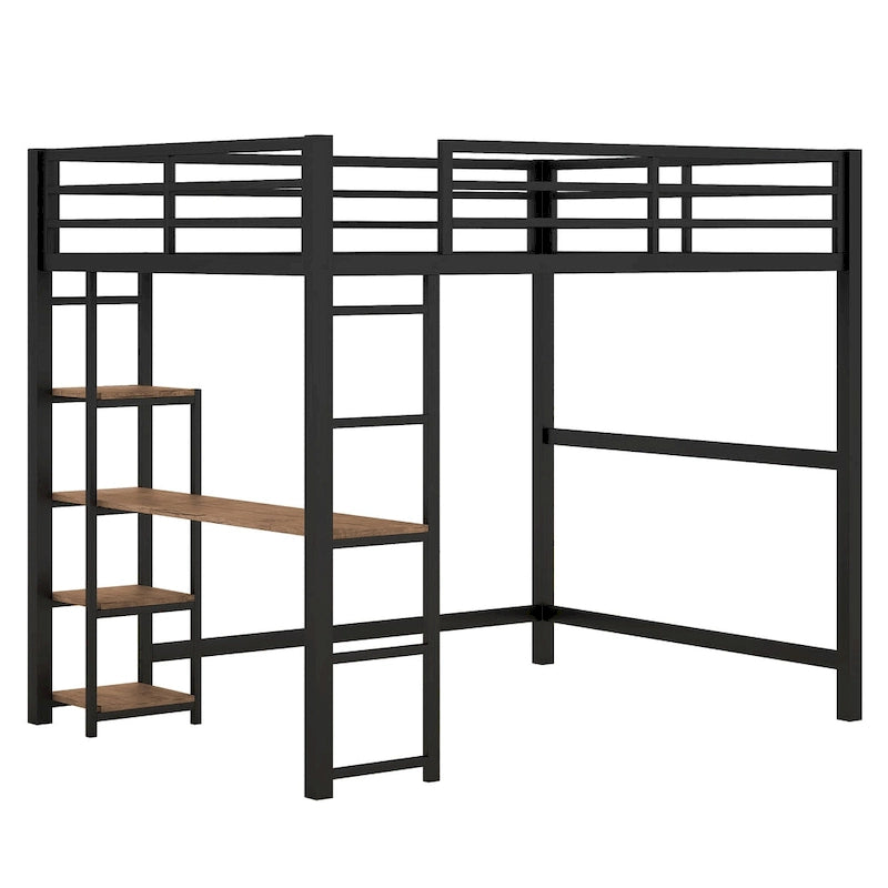 Full-Size Metal Loft Bed with Built-In Desk and Shelves