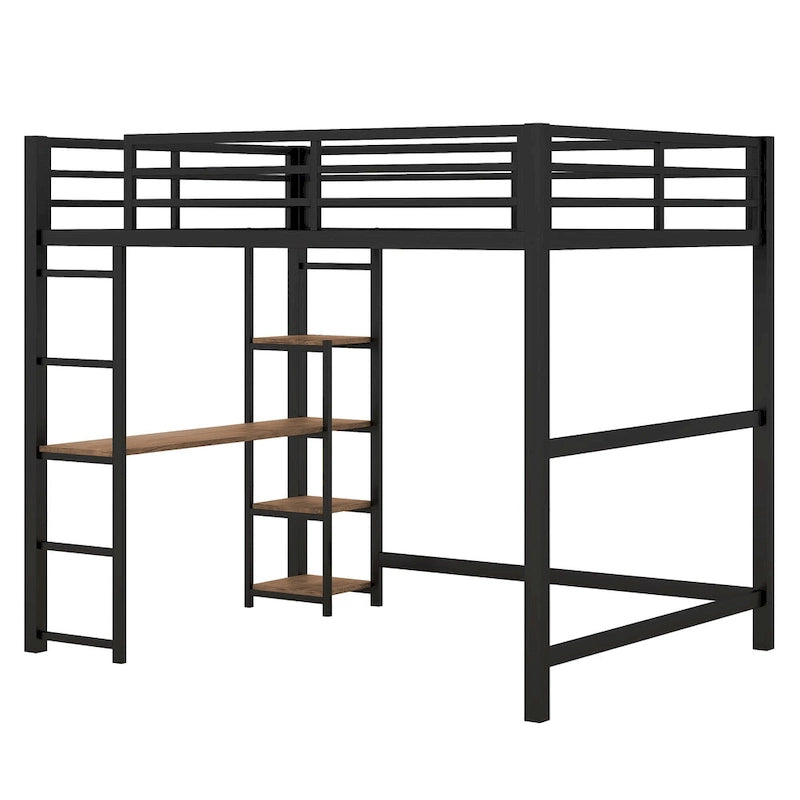 Full-Size Metal Loft Bed with Built-In Desk and Shelves