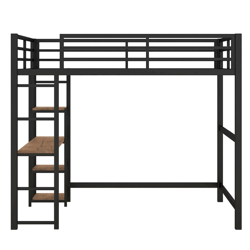 Full-Size Metal Loft Bed with Built-In Desk and Shelves