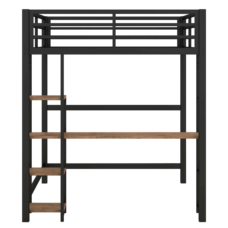 Full-Size Metal Loft Bed with Built-In Desk and Shelves