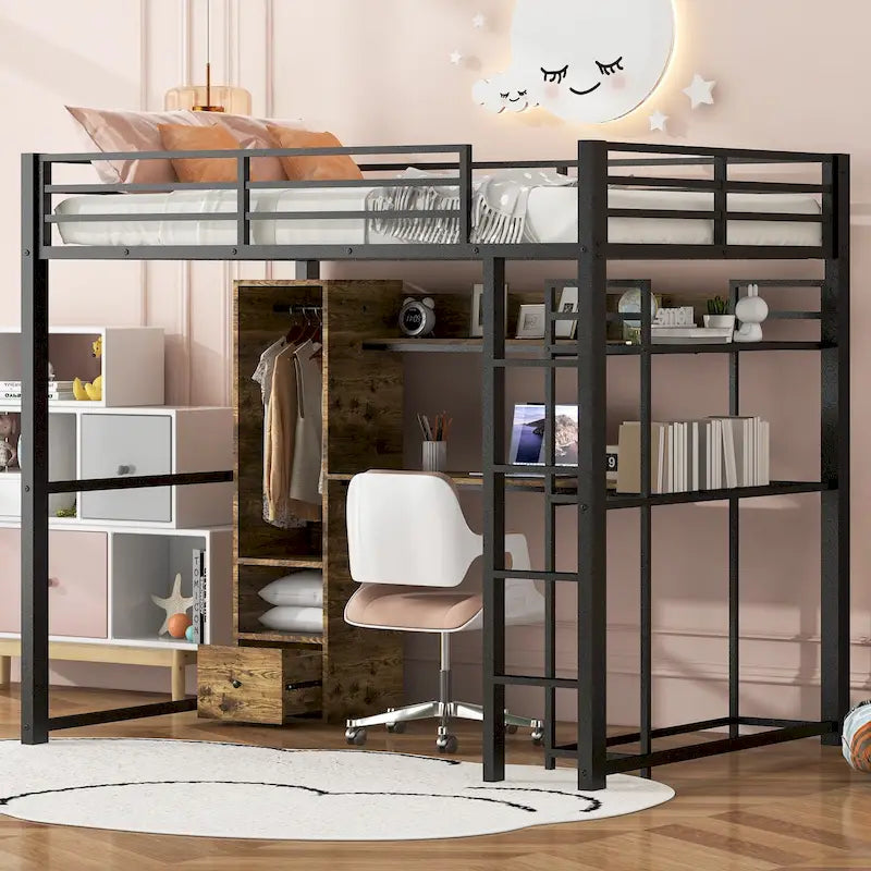 Full-Size Metal Loft Bed with Desk, Wardrobe and Storage