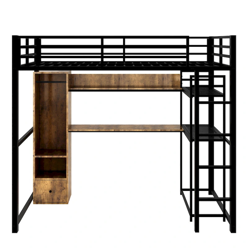 Full-Size Metal Loft Bed with Desk, Wardrobe and Storage