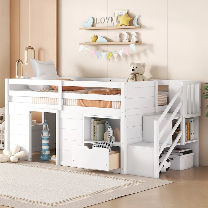 White Twin Low Loft Bed with Stairs and Storage Drawer