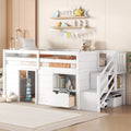 White Twin Low Loft Bed with Stairs and Storage Drawer